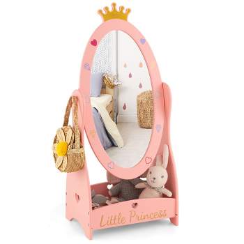 Costway Kids Full Length Mirror Free-Standing 360° Dressing Wooden Princess Storage Pink