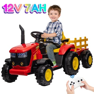 12V Kids Ride-On Tractor with Remote Control, Battery Powered Tractor Car Toy with Detachable Trailer, Music, Perfect for Boys & Girls