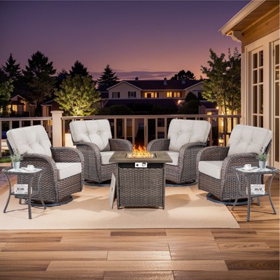 Buenhomino 7Pcs Patio Rocking Swivel Chair with 50,000 BTU Fire Pit Table Outdoor Wicker Rattan Bistro Set with Tempered Glass Side Table