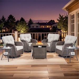 Buenhomino 7Pcs Patio Rocking Swivel Chair with 50,000 BTU Fire Pit Table Outdoor Wicker Rattan Bistro Set with Tempered Glass Side Table - 1 of 4