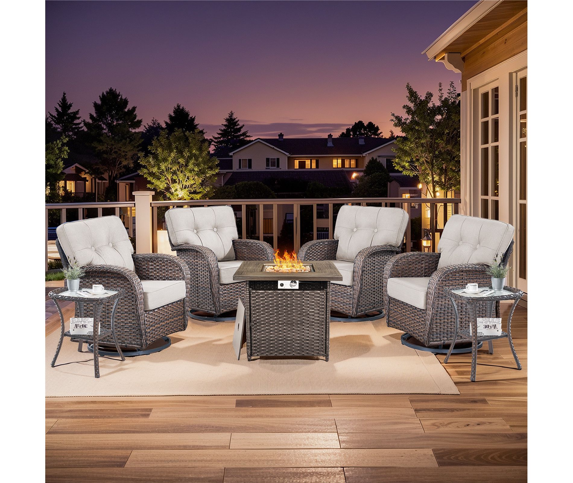 Buenhomino 7Pcs Patio Rocking Swivel Chair with Square Fire Pit Table Outdoor Wicker Rattan Bistro Set with Tempered Glass Side Table