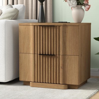 Brafabhome Curved Profile Fluted Nightstand w/ Charging Station, Modern Large Nightstands w/ Drawer, Bedside Table End Table for Bedroom Living Room