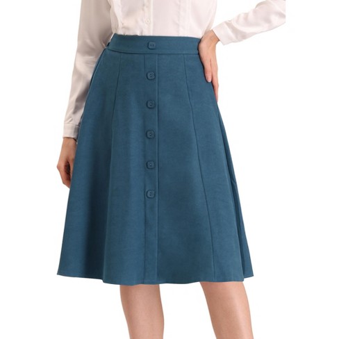 Pleated A-line Midi Skirt Elastic Waist Button Front Casual Flared Long  Skirts with Pocket for Women