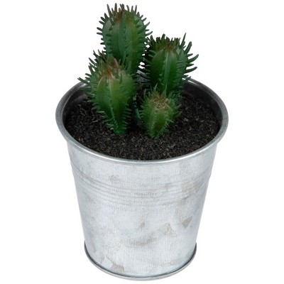 Mini Tropical Green and Red Artificial Cactus in Silver Tin Pot