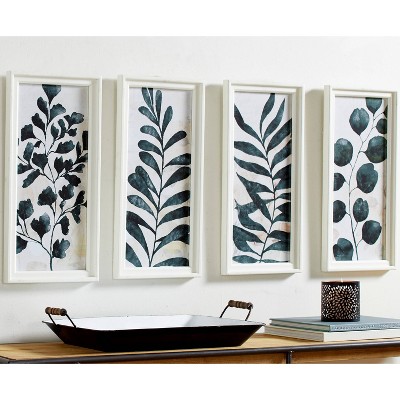 Wood Leaf Framed Wall Art with White Frame Set of 4 Dark Green - Olivia & May: Botanical Mixed Media Cuadros Decorations