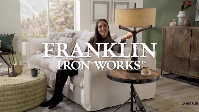 Franklin Iron Works Tremont Industrial Table Lamp 31 1/2" Tall Bronze Metal Burlap Fabric Drum Shade for Bedroom Living Room Bedside Nightstand Office, 2 of 11, play video