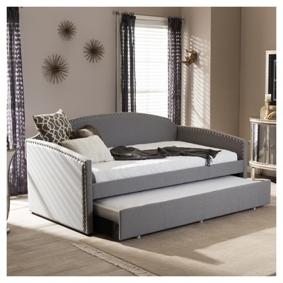 Gray Twin Linen Nailhead Trim Sleeper Daybed with Trundle
