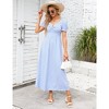 Women's Summer Dress Boho Smocked Square Neck Puff Short Sleeve Elastic Plaid Ruffle Midi Beach Dress - 2 of 4