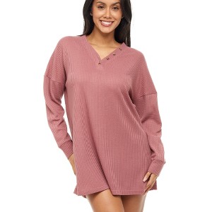 ADR Women's Pajamas Set, Soft Ribbed Knit Waffle Oversized Sleep Shirt, V-neck Nightshirt Sweater Top - 1 of 4