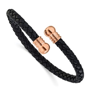 Chisel Stainless Steel Polished Rose IP-plated Black Leather Flexible Cuff Bangle - 1 of 4