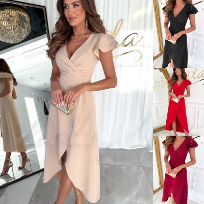 Women's V-Neck Ruffled Short-Sleeved High-Waist Irregular Hem Dress
