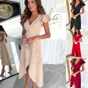 Women's V-Neck Ruffled Short-Sleeved High-Waist Irregular Hem Dress - 1 of 4