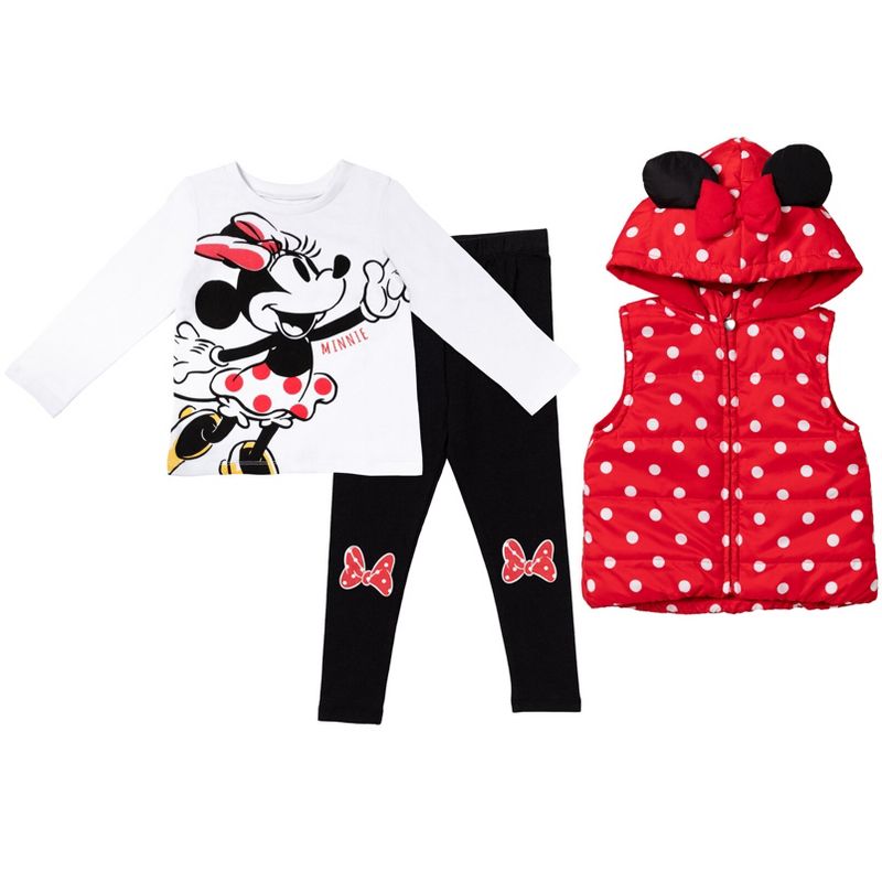 Disney Minnie Mouse Zip Up Vest Puffer T-Shirt and Leggings 3 Piece Outfit Set Infant to Big Kid, 1 of 8