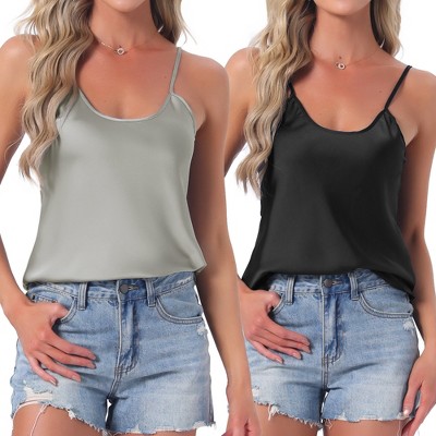 INSPIRE CHIC Women's 2 Pcs Satin Camisole Silky Pajama Tank Tops V Neck Soft Spaghetti Strap Loose Basic Sleepwear