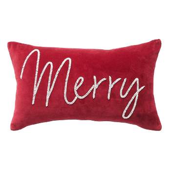 carol & frank Merry Red Velvet Beaded Christmas Throw Pillow
