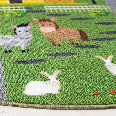 Round Dark Green and Light Grey Kids Playhouse Rug