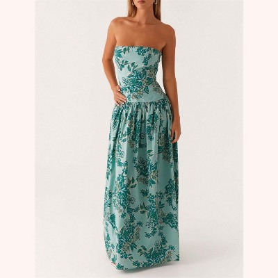 Clotth Women's Strapless Floral Print Dress - Sleeveless Tube Long Dress, High Waist, Elegant Style with Pattern