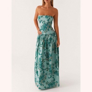 Clotth Women's Strapless Floral Print Dress - Sleeveless Tube Long Dress, High Waist, Elegant Style with Pattern - 1 of 4