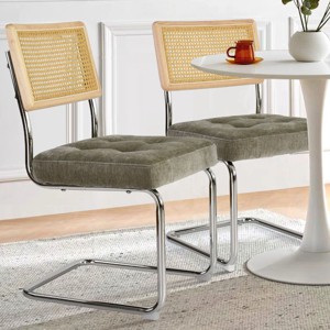 Set of 2 Kylie 20.5" Wider Flannel Upholstered Tufted Seat With Metal Chrome Legs and Woven Rattan Backrest Dining Chairs - Maison Boucle - 1 of 4