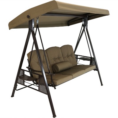 Sunnydaze Outdoor 3-Person Aluminum Patio Swing with Adjustable Canopy, Cushions and Pillow, Beige