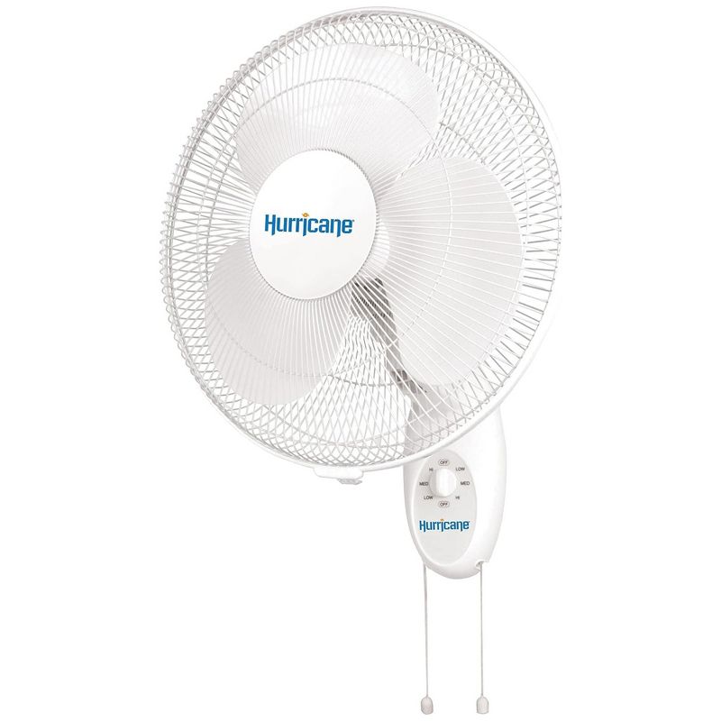 Hurricane Supreme 16 Inch 90 Degree Oscillating Indoor Wall Mounted 3 Speed Plastic Blade Fan with Adjustable Tilt and Pull Chain Control, White, 1 of 7