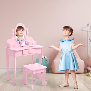 Kids Vanity Set with Mirror and Stool Wooden Makeup Table for Girls Ages 4 to 9 Kids Vanities Dress Up Playset for Bedroom and Playroom Furniture - 1 of 4