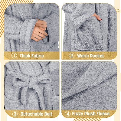 Medium Gray Plush Fleece Long Bathrobe with Pockets