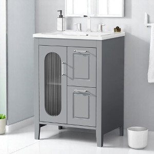 Mshliw 24" Bathroom Vanity with Smooth Ceramic Sink, Cabinet with Door & Two Drawers, Adjustable Shelf, Solid Wood & MDF Construction - 1 of 4