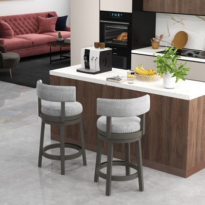 Gray Upholstered Swivel Bar Stools with Rubber Wood Legs, Set of 2