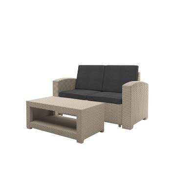 2pc All Weather Outdoor Loveseat Set with Cushions - Beige/Dark Gray - CorLiving