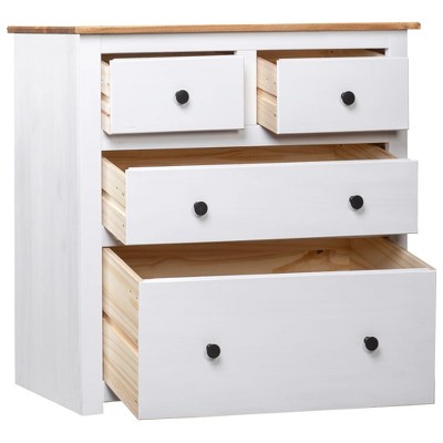 White and Natural Pinewood 4-Drawer Rustic Sideboard
