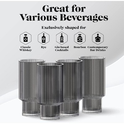Smoke Gray Art Deco Fluted Glass Highball Set, 11 oz, 4-Piece