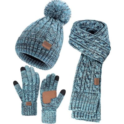 ZUPPAD Winter Hat Scarf Gloves Set for Women, 3 PCS Pom Pom Beanie Hat Touchscreen Glove Long Neck Kint Scarf Christmas Gifts