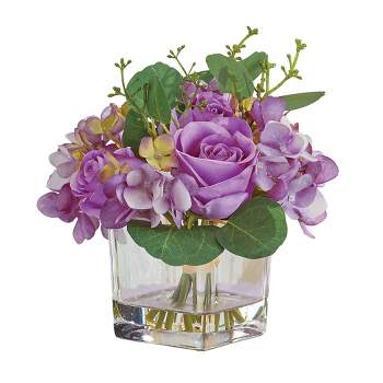Collections Etc Rose and Hydrangea Artificial Floral Arrangement with Vase