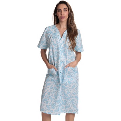 Dreamcrest Short Sleeve Seersucker Duster Housecoat Women Sleepwear 8270-10746-S (Small, Paisley White Blue)