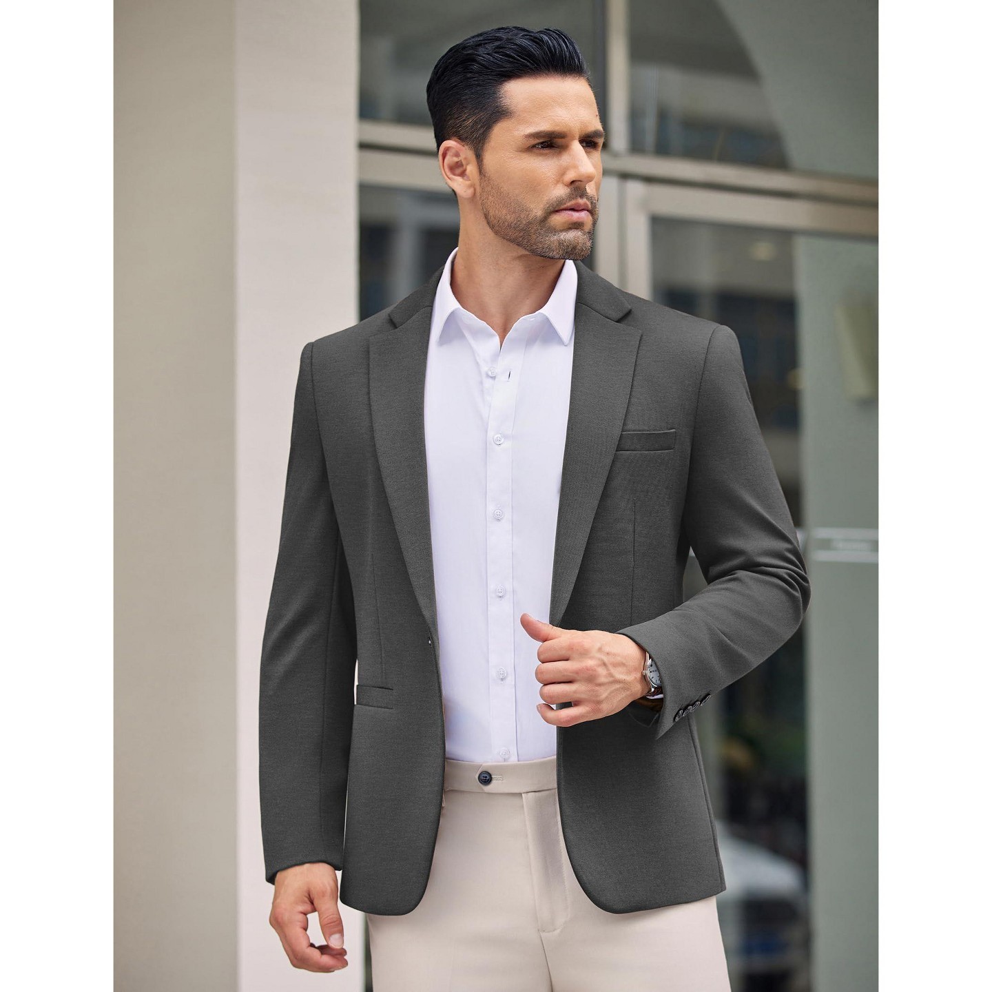Мужская куртка COOFANDY Blazer Men Notch Lapel Sport Jackets One Button Lightweight Sports Coats Dark Gray, цвет: Тёмный серый — фото 3