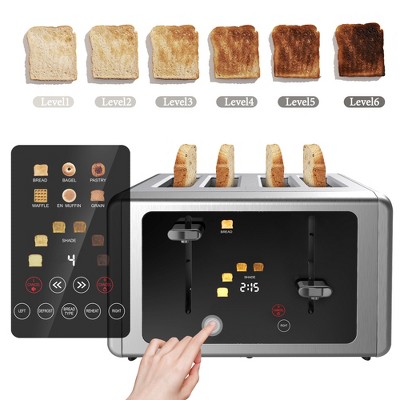 Whall Toaster 4 Slice, Touch Screen Toasters 4 Wide Slots, Silver Stainless Steel Smart Bread Toaster Digital Timer, Dual Control Panel Toaster, Bagel