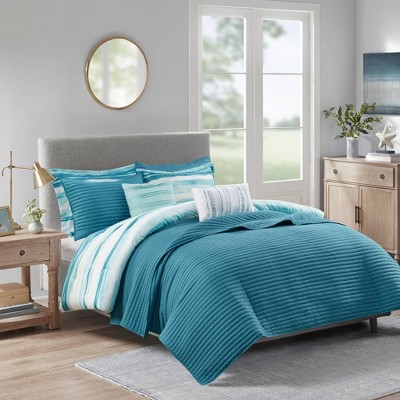 Aqua Microfiber Reversible Full Comforter Set with Channel Stitch