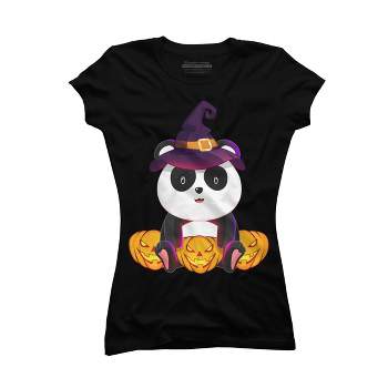 Junior's Design By Humans Cute Panda Mock up Witch With Jack O Lantern Halloween T-Shirt By thebeardstudio T-Shirt
