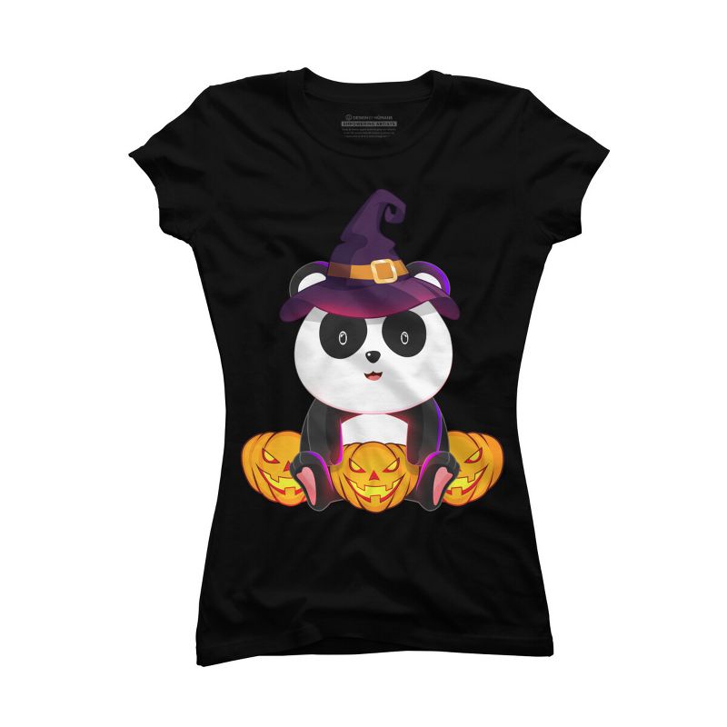 Junior's Design By Humans Cute Panda Mock up Witch With Jack O Lantern Halloween T-Shirt By thebeardstudio T-Shirt, 1 of 4