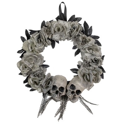 Northlight Double Skull and Gray Roses Halloween Wreath, 16-Inch, Unlit