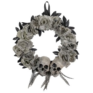 Northlight Double Skull and Gray Roses Halloween Wreath, 16-Inch, Unlit - 1 of 4