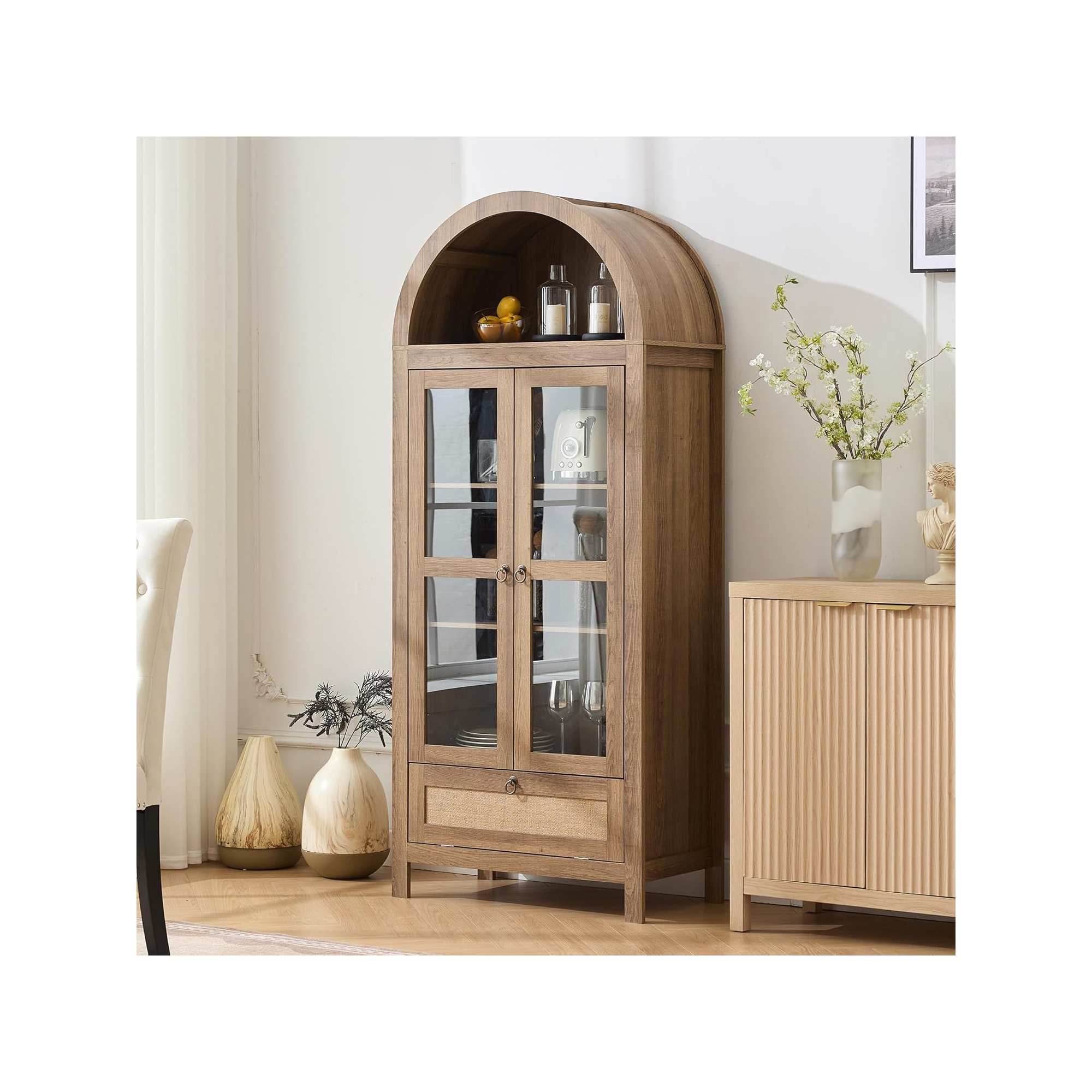TYBOATLE 71" Tall Arched Pantry Cabinet with Glass Door, Drawer & Anti-Tip Kit – Versatile Storage Cupboard for Kitchen or Dining Room,Natural