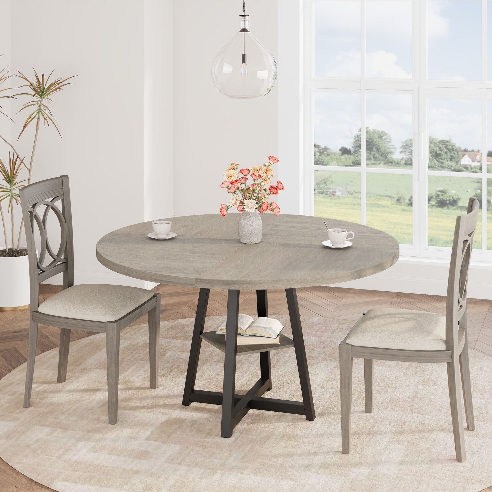 47Inch Round Dining Table, Round Dinner Table for 4, Industrial Kitchen Table w/ Storage for Dining Room, Kitchen, Living Room(Only Table)