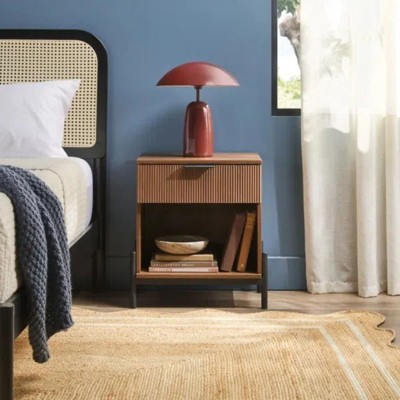 GDFStudio Henry Modern Fluted-Drawer Nightstand with Open Cubby and Metal Legs