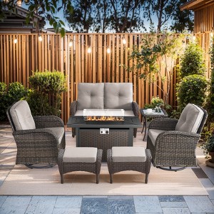 Buenhomino 7 Piece Outdoor Patio Wicker Conversation Set with Fire Pit Table, Includes Glider Loveseat, Swivel Rocking Chairs, Ottomans and Side Table - 1 of 4