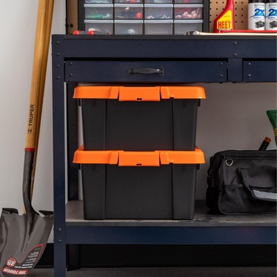 Heavy Duty Black and Orange Stackable Plastic Storage Bins with Lids