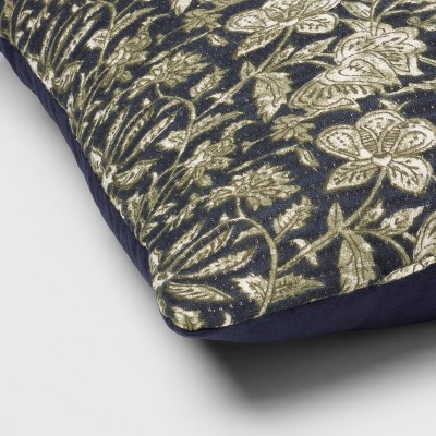 Navy Green Cream Floral Cotton Square Throw Pillow