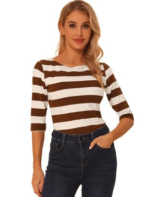INSPIRE CHIC Women's Stripes Casual Basic Elbow Sleeves Boat Neck Slim Fit T-Shirts