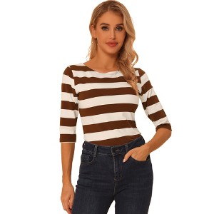 INSPIRE CHIC Women's Stripes Casual Basic Elbow Sleeves Boat Neck Slim Fit T-Shirts - 1 of 4